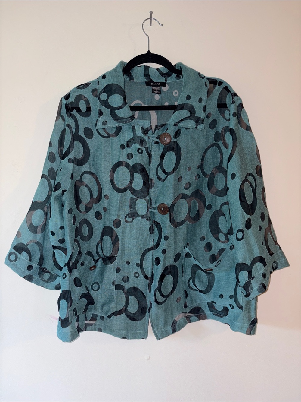 Sag Harbor Teal Circular-Print Button Jacket- 1X
